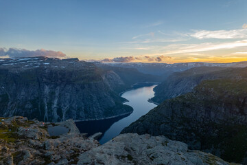 Aerial summer beautiful view of Trolltunga, Norway