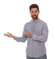 Handsome man gesturing on white background. Weather forecast reporter