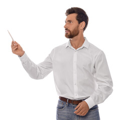 Handsome man gesturing on white background. Weather forecast reporter