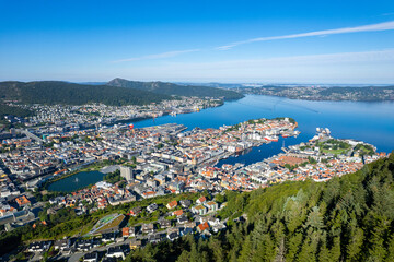 Aerial summer beautiful sunny view of Bergen, Norway