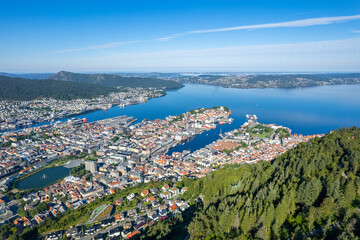 Aerial summer beautiful sunny view of Bergen, Norway
