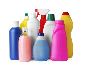 Set of different cleaning supplies on white background