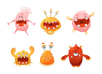 Cute Monster Character as Toothy and Hairy Mutant with Funny Friendly Face and Big Mouth Vector Set