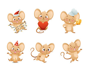 Little Mouse Character with Long Tail and Big Ears Engaged in Different Activity Vector Set