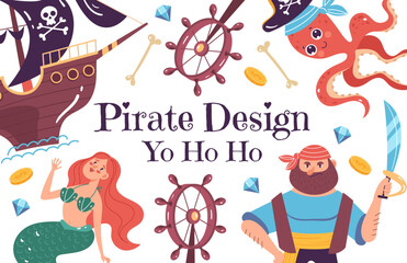 Pirate corsair advanture captain ship game banner poster cover background concept. Vector isolated graphic design illustration