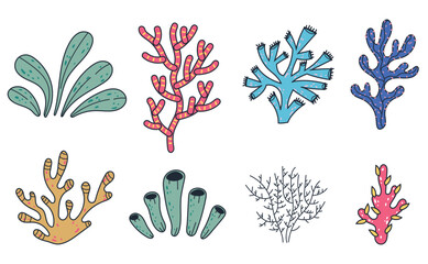 Coral sea plant seaweed ocean tropical nature doodle line art style isolated set collection. Vector isolated graphic design illustration