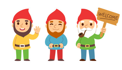 Three cute cartoon garden gnomes.