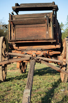 This is a digitally enhanced image of the front of a buckboard wagon from the Oregon ghost town, Shaniko.  The evening sunlight accentuates the textures and orange and brown colors.