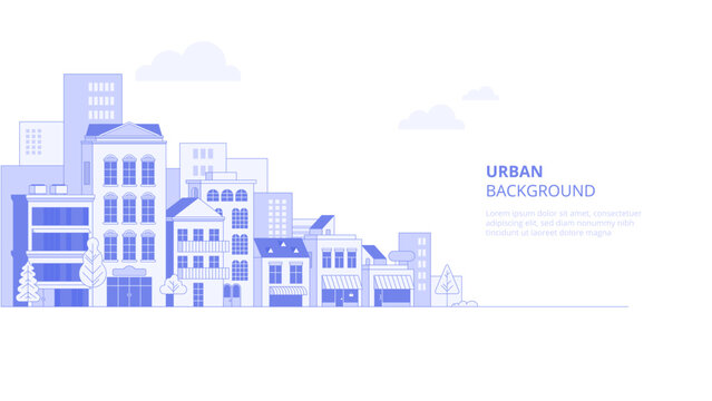 City landscape with buildings. Towers and buildings in modern flat style on white background. Abstract horizontal banner and background with copy space for text. Vector header images for web