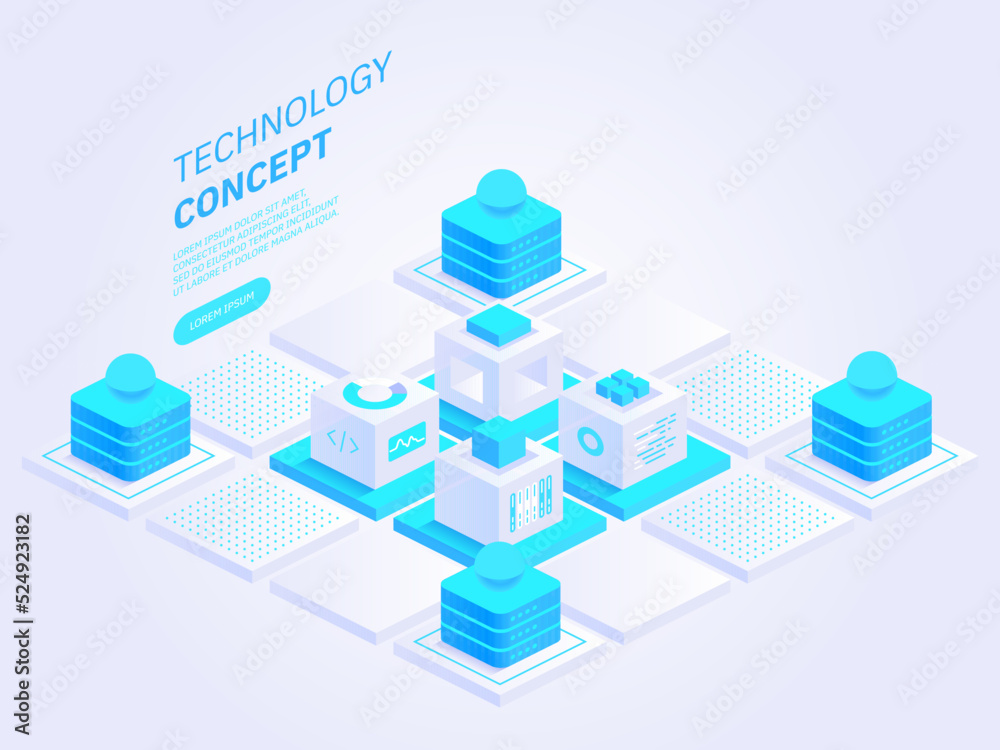 Poster technology isometric concept vector illustration. abstract data storage or blockchain. personal data