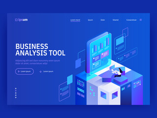 Business analysis tool landing page template. Business strategy and planning. Budget accounting or statistics. Analysis trends and financial strategy by using infographic chart. Vector isometric