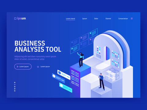 Business analysis tool landing page template. Business strategy and planning. Budget accounting or statistics. Analysis trends and financial strategy by using infographic chart. Vector isometric