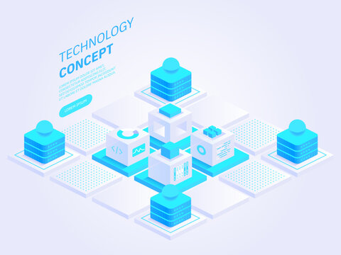 Technology isometric concept vector illustration. Abstract data storage or blockchain. Personal data protection. Hosting server room. Data center. Network mainframe infrastructure technology blocks