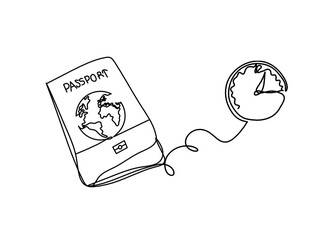 Passport with clock as line drawing on white background