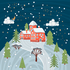Night winter landscape with houses,hill, trees and snow. Background with moon, clouds and stars.Colorful print on fabric and paper.Vector hand drawn illustration.Template for design card,poster.