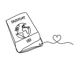 Passport with heart as line drawing on white background