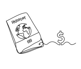 Passport with dollar as line drawing on white background