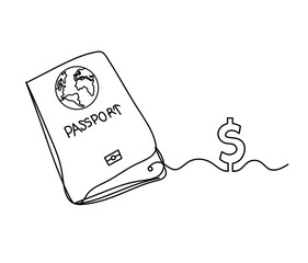 Passport with dollar as line drawing on white background