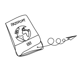 Passport with paper plane as line drawing on white background