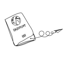 Passport with paper plane as line drawing on white background
