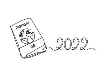 Passport with 2022 as line drawing on white background