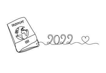 Passport with 2022 as line drawing on white background