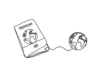 Passport with globe as line drawing on white background