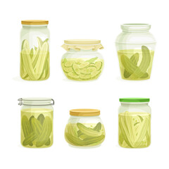 Canned Whole Pickled Cucumber or Gherkin Preserved with Brine in Glass Jar Vector Set