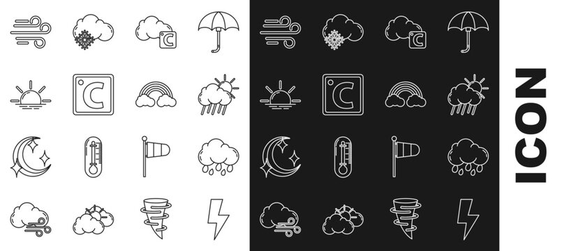 Set line Lightning bolt, Cloud with rain, and sun, Celsius cloud, Sunrise, Wind and Rainbow clouds icon. Vector