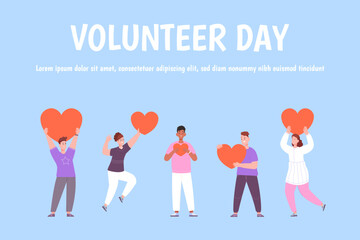 World volunteer day. Voluntary youth organization, donate service international charity ngo project solidarity community awareness world social help development vector illustration