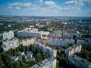 Aerial view of drone flying over city. Kishinev, Moldova republic of.