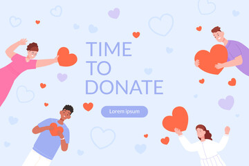 Sponsors giving care. Volunteer donors give heart to needy people together, philanthropy unity share love nonprofit charity money donation, sponsorship concept vector illustration