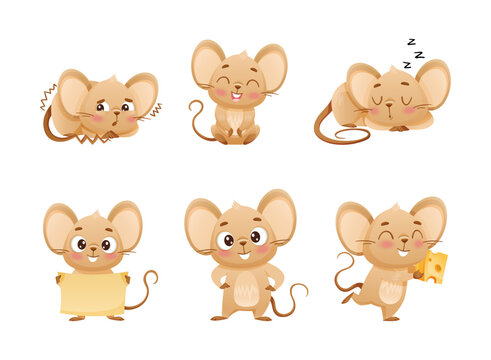 Little Mouse Character with Long Tail and Big Ears Engaged in Different Activity Vector Set