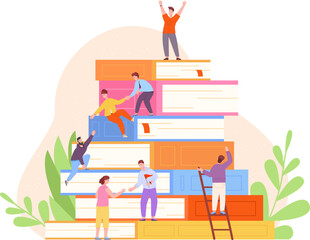 School teamwork progress. Children collaborate learning research knowledge, student academic team study together university achievement growth education step up vector illustration