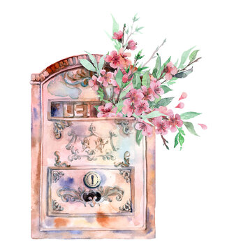 Watercolor vintage mailbox with flowers and leaves. Post office watercolor clipart. Retro postbox with floral decorations.