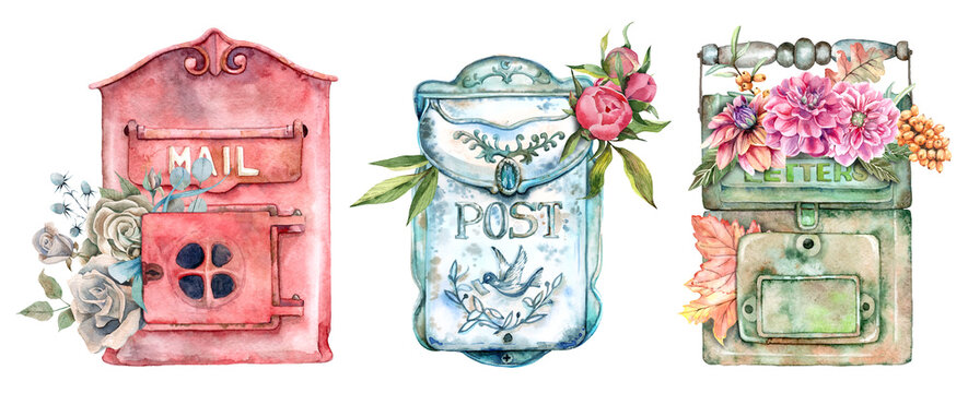 Watercolor vintage mailboxes with flowers and leaves. Post office watercolor clipart. Retro postboxes with floral decorations.