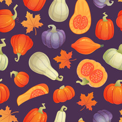 Autumn squash pattern. Pumpkin seamless print for scrapbook, halloween or thanksgiving fall holiday decoration orange cartoon pumpkins with maple leaf