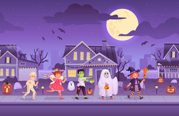 Children wearing halloween costumes. Kid groups in diversity monster costume at dark house night city street, trick or treat party ghost carnival, ingenious vector illustration - obrazy, fototapety, plakaty