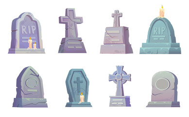 Cartoon headstones. Scary gravestones stone crosses, halloween ring grave crypt or old tombstone of graveyard, funeral elements rip concept cemetery, ingenious vector illustration - obrazy, fototapety, plakaty