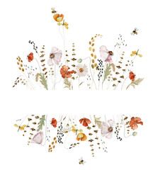 Boho wildflowers, herbs border painted in watercolor. Dried pampas grass floral bouquet, frame. Botanical boho elements isolated on white. Wedding invitation, greeting, card, print, scrapbooking