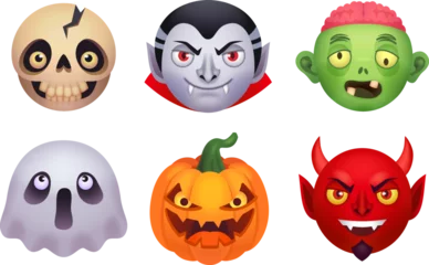 Fotobehang Halloween monsters emoji. Scary monster costume 3d face emojis, comic zombie head avatar horror character emoticon collection scary ghost expression, ingenious vector illustration © ssstocker