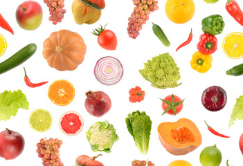 Seamless pattern of vegetables, fruits and berries isolated on white