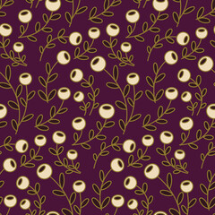 Seamless floral pattern with small hand drawn berries on a dark background. Autumn botanical print with simple wild plant design. Vector illustration.