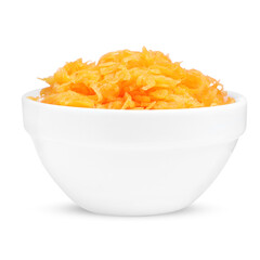 Fresh grated carrot in bowl isolated on white