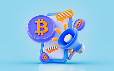 bitcoin sign with megaphone smartphone bubble chat 3d render concept for crypto advertising 