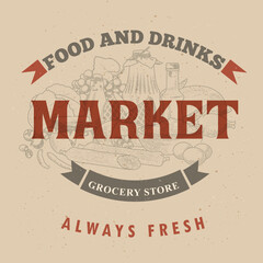 Food market label. The banner template of a grocery store of organic farm products and foodstuffs