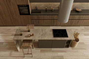 Modern brown wooden kitchen interior, dining area. Furnished by table and chairs for eating. Parquet floor. 3d rendering illustration, top view.