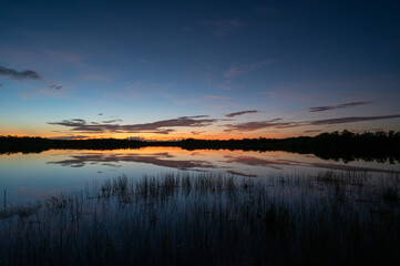 Colorful summer sunrise cloudscape over Nine Mile Pond reflected in perfectly calm water in Everglades National Park, Florida.
