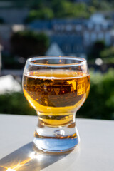 Glass of apple cider drink in sunlights and houses of Etretat village on background, Normandy, France