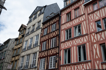 Walking in old centrum part of Rouen city, streetview, tourists destination city in Normandy, France